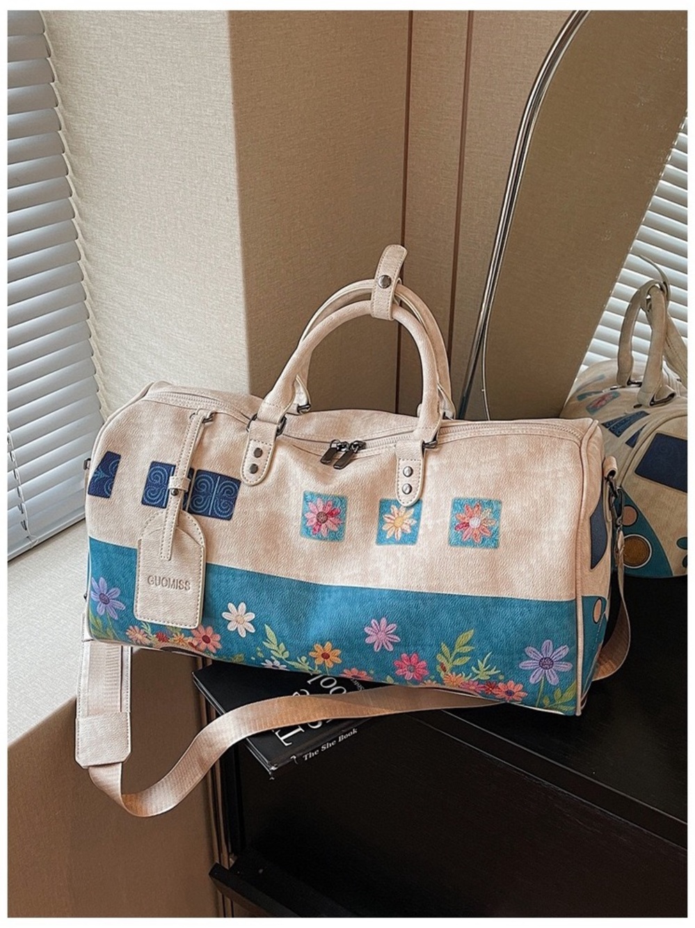 Floral PU Leather Weekender Bag in Cream and Teal